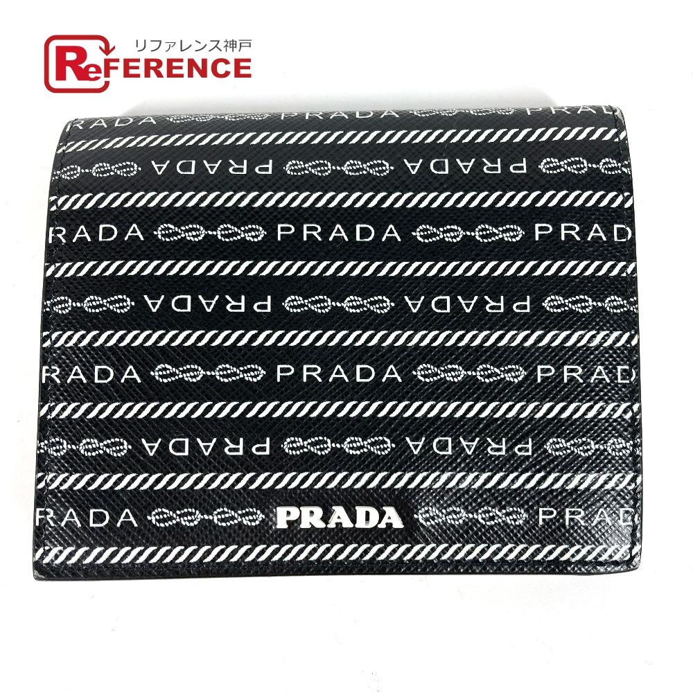 PRADA プラダ  1MV204 総柄 ロゴタイプ コンパクトウォレット 2つ折り紙入れ なめし革  レディース 黒いこと 【中古】