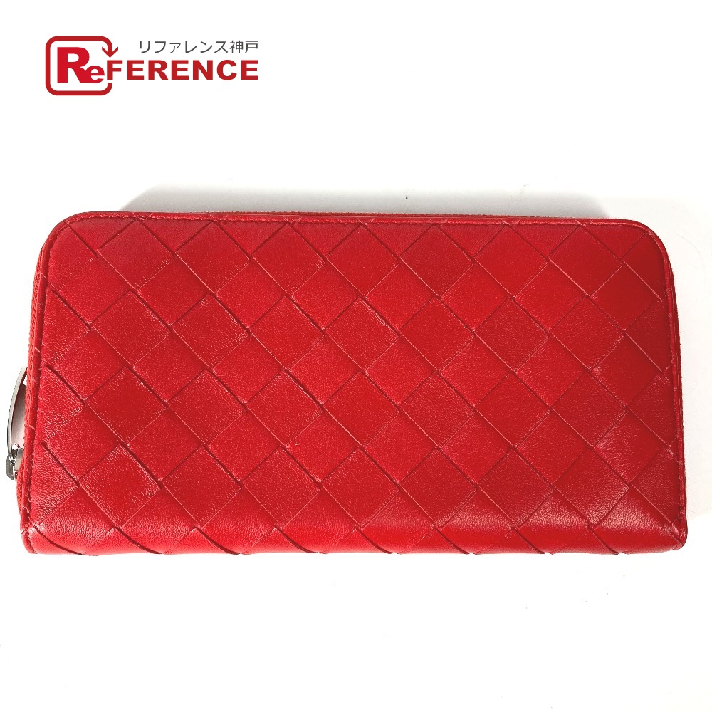 BOTTEGA VENETA ボッテガヴェネタ  593217 ロングウォレット イントレチャート ラウンドジッパー 長紙入れ なめし革  レディース 赤いこと 【中古】