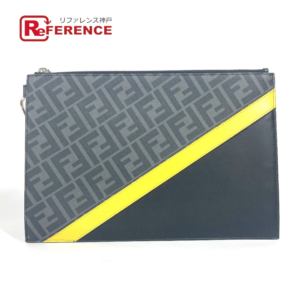 FENDI フェンディ 7N0110 フラット スリム ダイアゴナル ズッカ セカンドバッグ カバン ポーチ クラッチバッグ レザー ユニセックス ブラック×イエロー×グレー 【中古】
