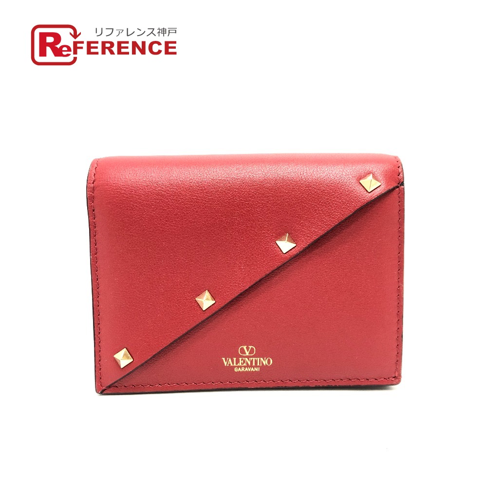 VALENTINO ヴァレンチノ  5Ｗ2P0AE4VRF ロックスタッズ コンパクトウォレット 紙入れ ウォレット  2つ折り紙入れ なめし革  レディース 赤いこと 新品負けず劣らず 【中古】