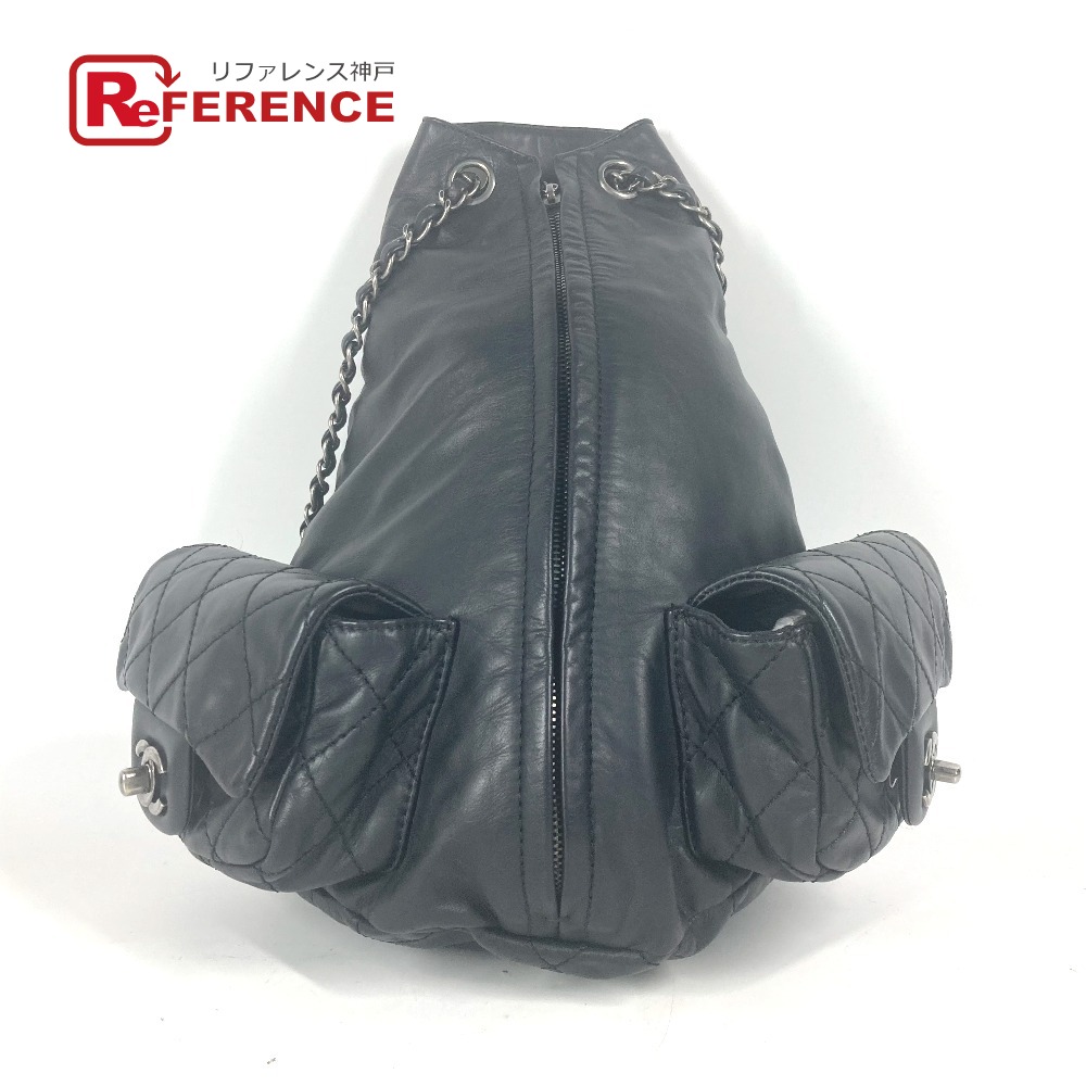 CHANEL シャネル Wポケット キルティング カバン チャック チェーン リュック バックパック ガンメタル リュックサック レザー レディース ブラック 【中古】