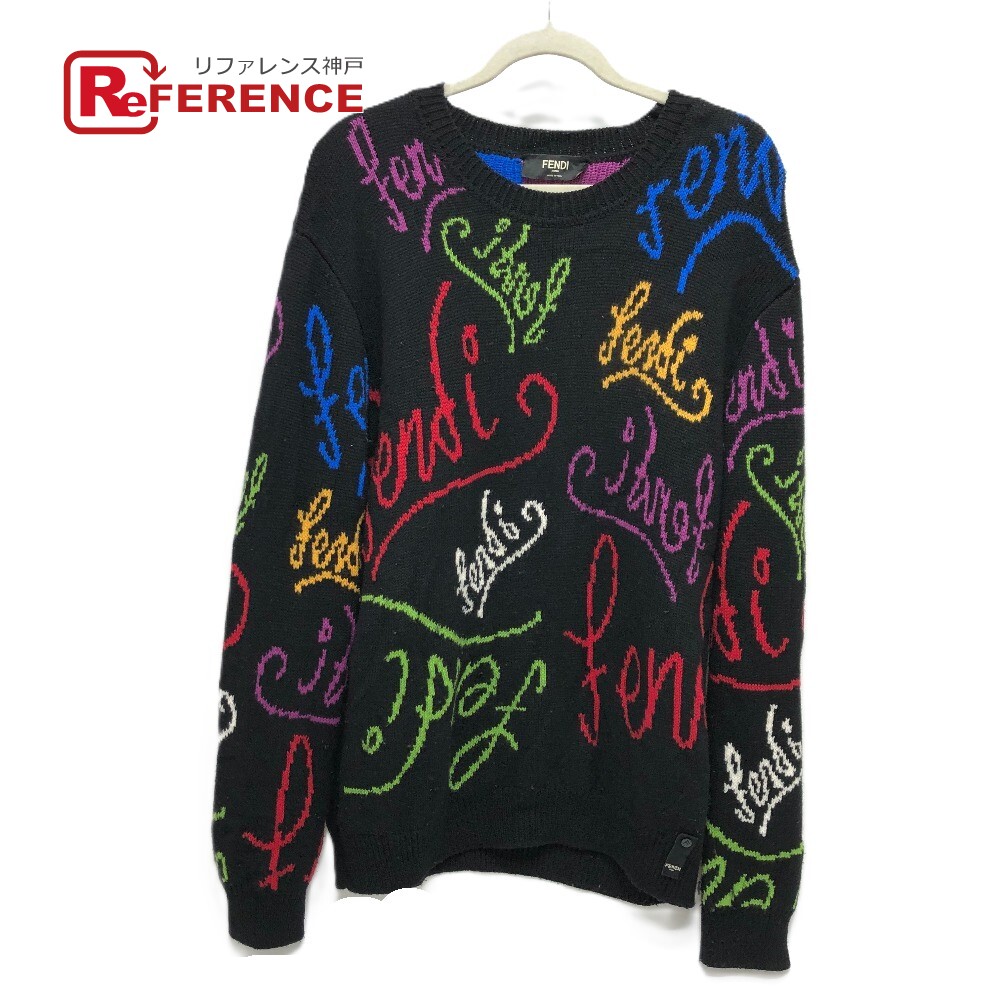 FENDI フェンディ FZY463 AH3E 21AW ロゴマルチカラー アパレル ARTIST ALLOVER ニット クルーネック トップス セーター コットン メンズ ブラック 【中古】 30,030円