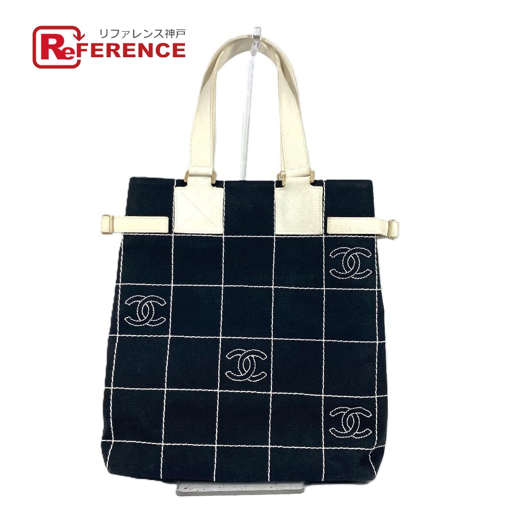 CHANEL シャネル CC ココマーク バイカラー トートバッグ カバン 縦型 ロゴ ショルダーバッグ キャンバス レディース ブラック 【中古】