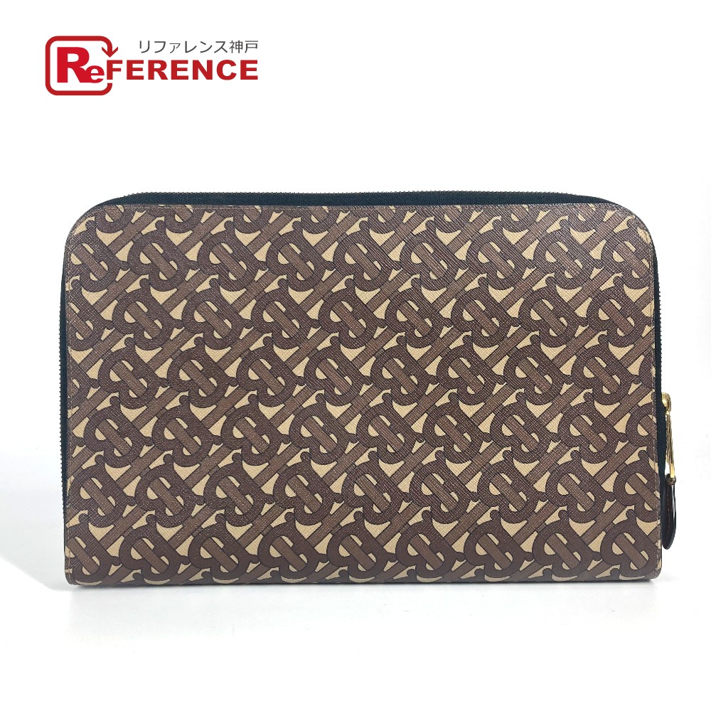 BURBERRY バーバリー TB ロゴ カバン セカンドバッグ ポーチ クラッチバッグ レザー/キャンバス ユニセックス ブラウン 【中古】