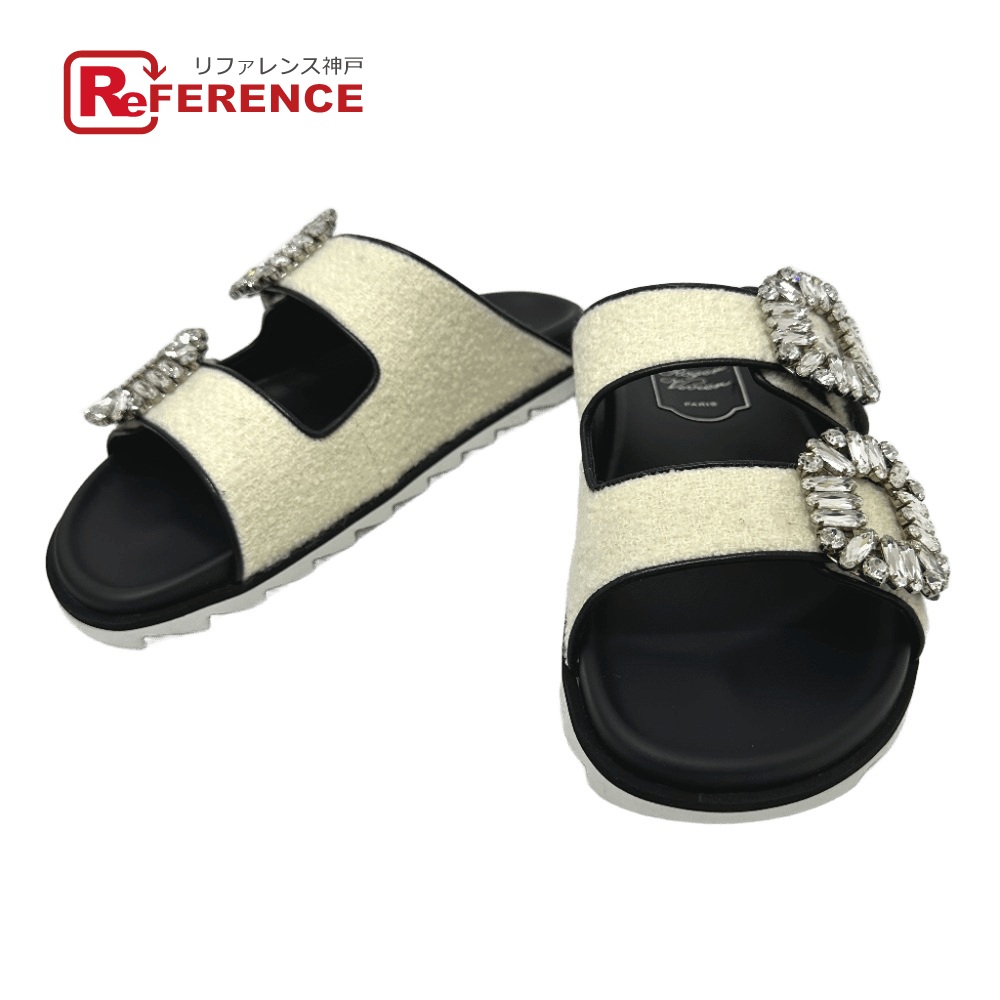 ROGER VIVIER ロジェヴィヴィエ  スライディー ヴィヴ ストラス ビジューバックル 靴 ベルト サンダル ツイード  レディース ホワイト 未使用 【中古】