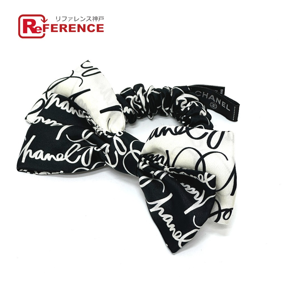 美品　シャネル ココマーク チェーン ラムスキン リボン シュシュ　ブラック CHANEL - シャネル CHANEL ヘアアクセサリー リボン ココマーク