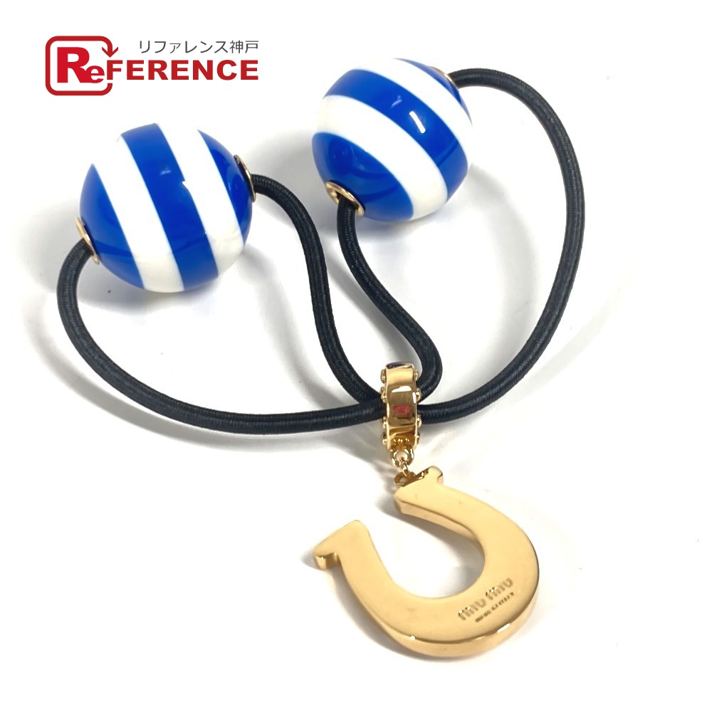 新品未使用　ミュウミュウ　ストライプ柄　パール付き　シュシュ　ブルー MIU MIU - MIUMIU ミュウミュウ ストライプ柄 パール付き