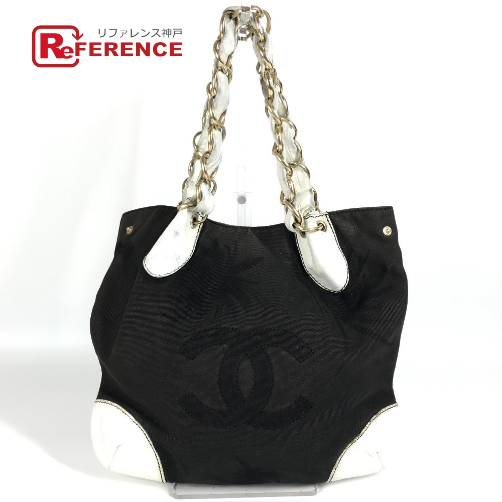 CHANEL シャネル CC ココマーク バイカラー 肩掛け トートバッグ Wチェーンバッグ ショルダーバッグ レザー/キャンバス レディース ブラック 【中古】