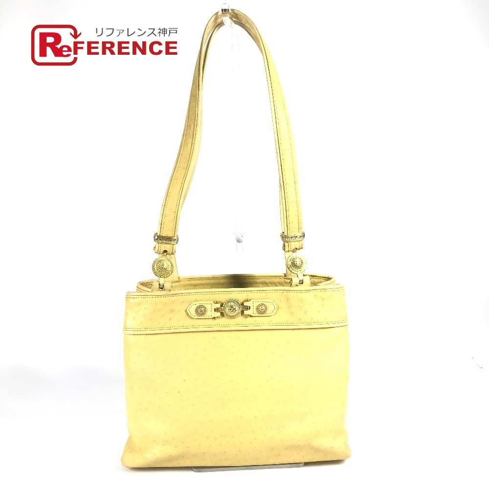 VERSACE ヴェルサーチ ヴィンテージ サンバースト ロゴ カバン トートバッグ 肩掛け ショルダーバッグ 型押しレザー レディース イエロー 【中古】