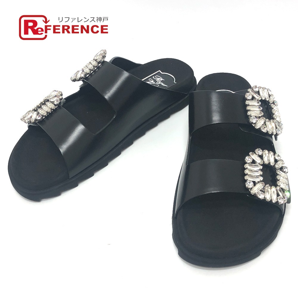 ROGER VIVIER ロジェヴィヴィエ RVW45818820 スライディー ヴィヴ ストラス ビジューバックル 靴 フラット クリスタル バックル サンダル レザー レディース ブラック 未使用 【中古】