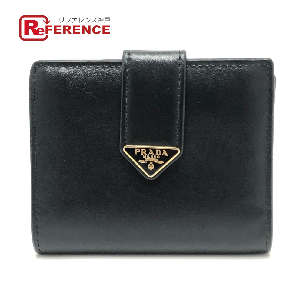 PRADA プラダ 1MV204 トライアングルプレート 財布 ミニウォレット コンパクト財布 ゴールド金具 2つ折り財布 レザー メンズ ブラック 【中古】