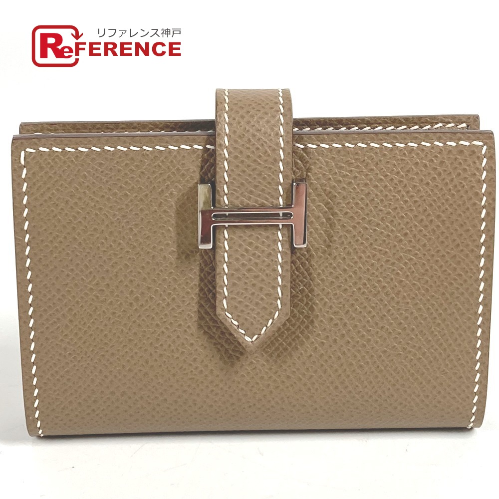 HERMES エルメス  ベアン Hロゴタイプ 名刺入れ 通行手形容れもの 2つ折り 歌留多容れもの なめし革  ユニ一発やる エトゥープ ベージュ系 【中古】