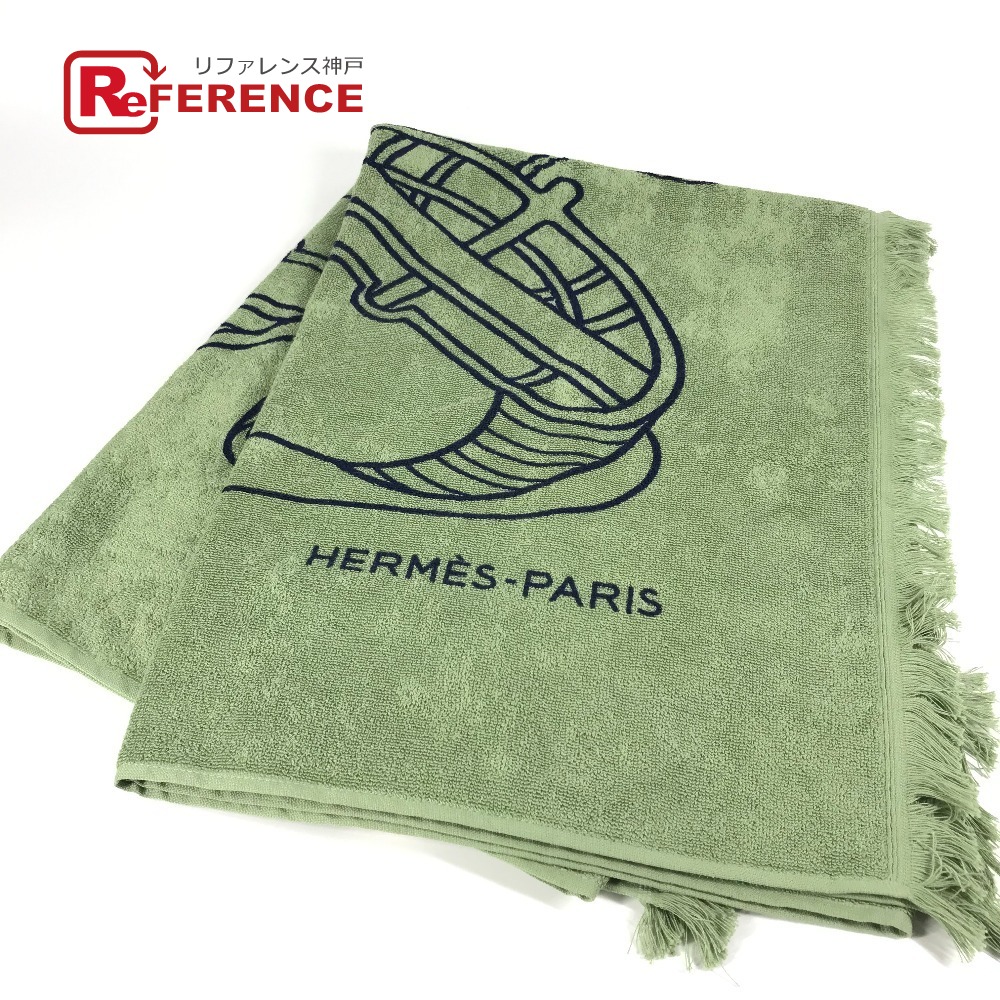 HERMES エルメス  DRAP DE PLAGE YACHTING THALASSA ヨッティング プラージュ テレサ 2階建てバス西洋手ぬぐい 室内装飾 ひざかけ 毛布 フリンジ 西洋手ぬぐい 綿織物  ユニ一発やる 緑であること 【中古】