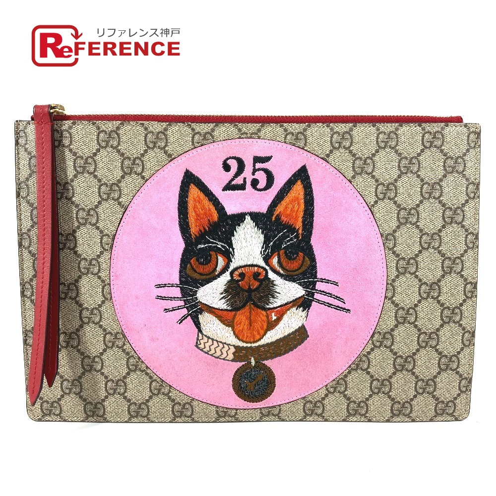 GUCCI グッチ 506280 GGスプリーム 犬 ドッグ BOSCO ボスコ アップリケ ポーチ カバン セカンドバッグ クラッチバッグ GGスプリームキャンバス ユニセックス ベージュ 【中古】