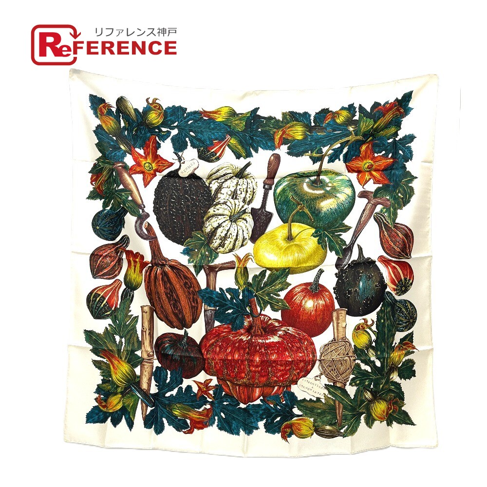 HERMES エルメス CITROUILLES＆COLOQU IN TES カボチャとコロシント カレ90 スカーフ シルク レディース ホワイトベージュ ホワイト 未使用 【中古】