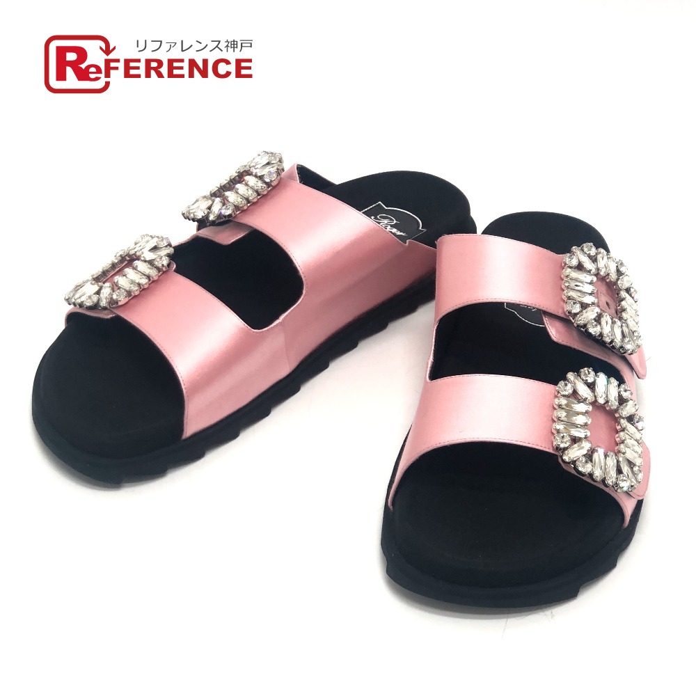 ROGER VIVIER ロジェヴィヴィエ  ニーマン マーカス押さえる スライディー ヴィヴ 同盟罷工ラス ビジューバックル 靴 滑っこい 結晶 サンダル 繻子/なめし革  レディース さくら色 未当て嵌める 【中古】