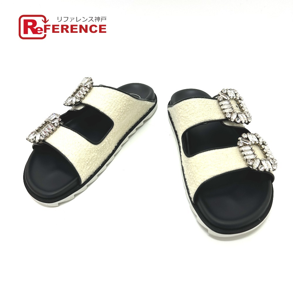 ROGER VIVIER ロジェヴィヴィエ  スライディー ヴィヴ 同盟罷工ラス ビジューバックル 胴締め サンダル ツィード  レディース 白いこと 未当て嵌める 【中古】