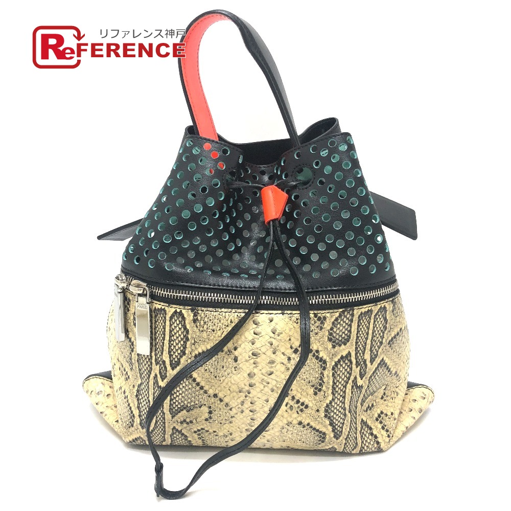 KENZO ケンゾー 2SA805 2017年リゾートコレクション パンチング&パイソン柄 2WAY ハンドバッグ 巾着 リュックサック レザー レディース ブラック×ベージュ 【中古】