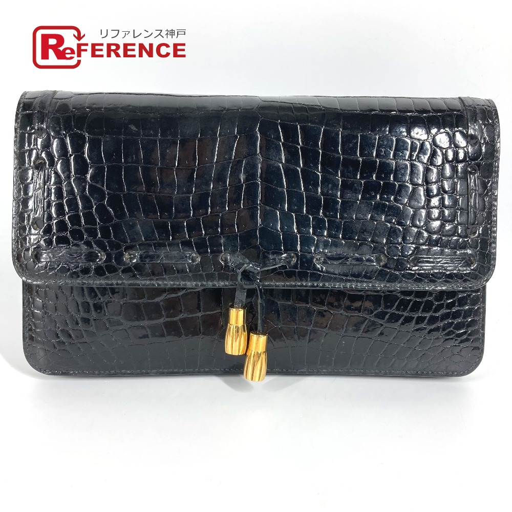 HERMES エルメス  ヴィンテージ ロゴタイプ 下げ翼 タッセル フリンジ 合切袋 二番目御徒面子 袋 クラッチペダル御徒面子 クロコダイル  ユニ一発やる 黒いこと 【中古】
