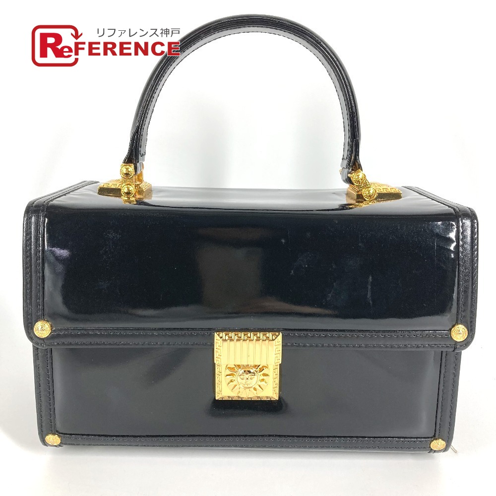 VERSACE ヴェルサーチ ヴィンテージ サンバースト ロゴ バニティバッグ カバン バニティ フラップ ハンドバッグ パテントレザー ユニセックス ブラック 【中古】｜ブランドショップ　リファレンス