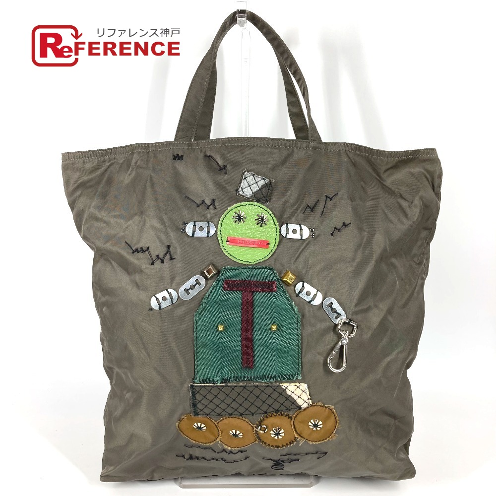 PRADA プラダ VA0484 トライアングルロゴ 三角ロゴ プレート ロボット ロゴ カバン トートバッグ ハンドバッグ レザー/ナイロン ユニセックス カーキ 【中古】