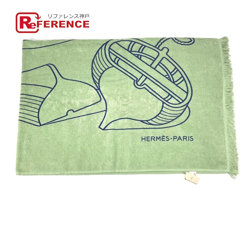 HERMES エルメス  DRAP DE PLAGE YACHTING THALASSA ヨッティング プラージュ テレサ 二階建てバス西洋手ぬぐい 室内装飾 ひざかけ 毛布 フリンジ 西洋手ぬぐい 綿織物  ユニ一発やる 緑であること 未当て嵌める 【中古】