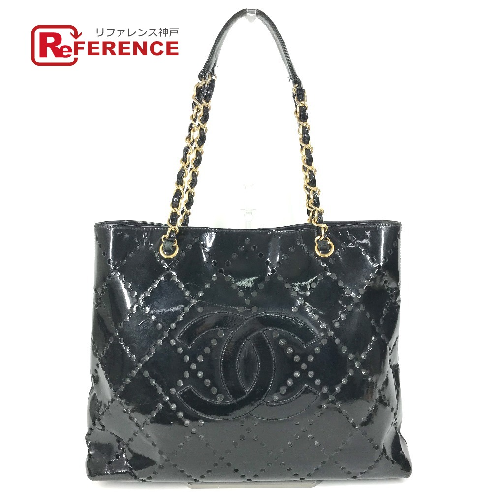 CHANEL シャネル  チェーン店御徒面子 CC ロゴタイプ キルティング ココマーク パンチング トートバッグ 鞄 膝掛け Wチェーン店 ショルダーバッグ エナメル  ユニ一発やる 黒いこと 【中古】