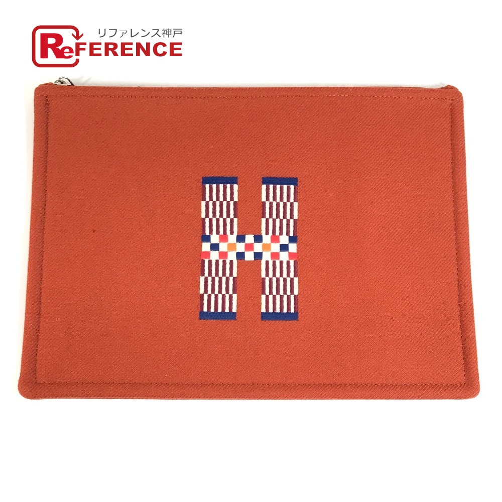 HERMES エルメス  H103643M02 二番め御徒面子 坦々たる合財袋 Hナッテ GM  クラッチペダル御徒面子 鞄 メイク合財袋 マルチ合財袋 合財袋 羊毛  ユニ一発やる トメット オレンジ色赤いこと系 未当てはめる 【中古】