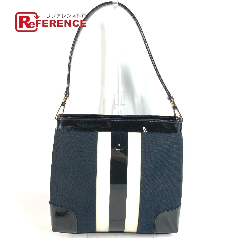 GUCCI グッチ  001 4231 ヴィンテージ ロゴタイプ 縞模様 鞄 肩かけ トートバッグ ショルダーバッグ 帆布 /エナメル ユニ一発やる 黒いこと 【中古】