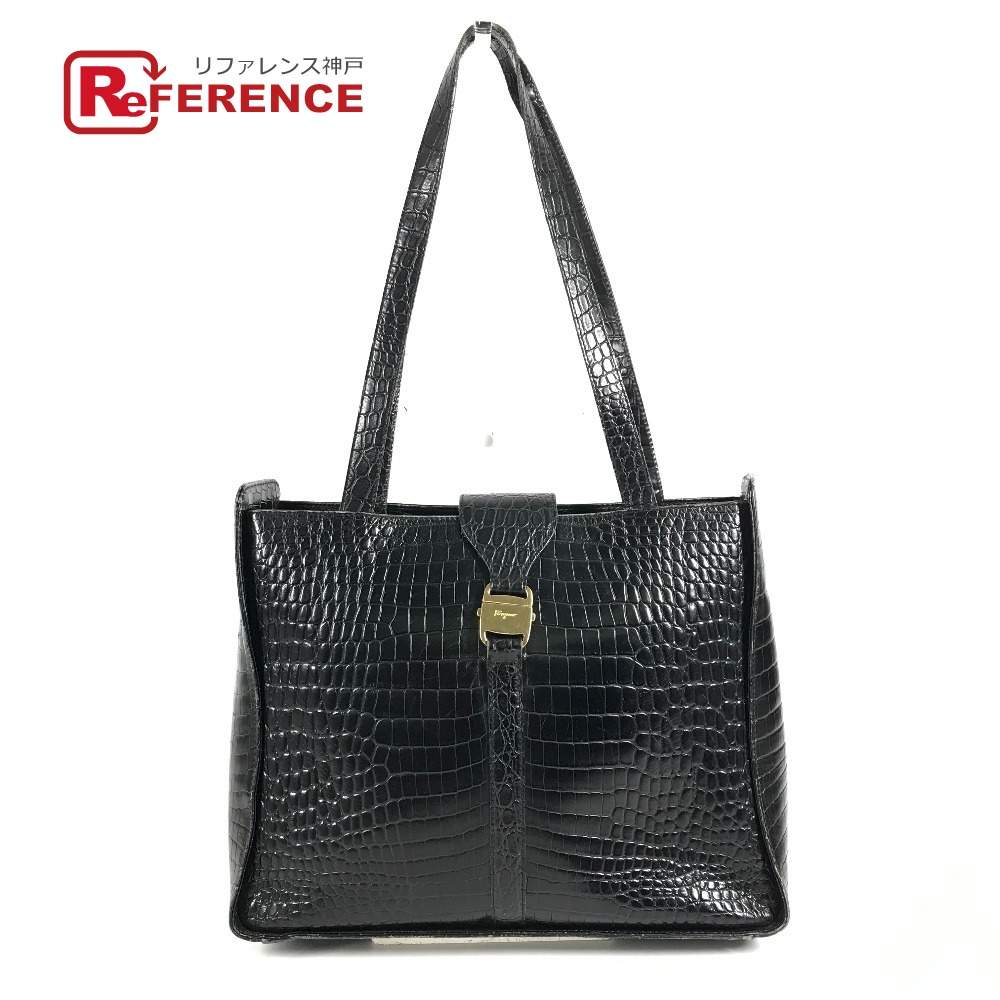 Salvatore Ferragamo サルヴァトーレフェラガモ  ロゴタイプ 鞄 肩かけ トートバッグ ショルダーバッグ 型押しなめし革  ユニ一発やる 黒いこと 【中古】