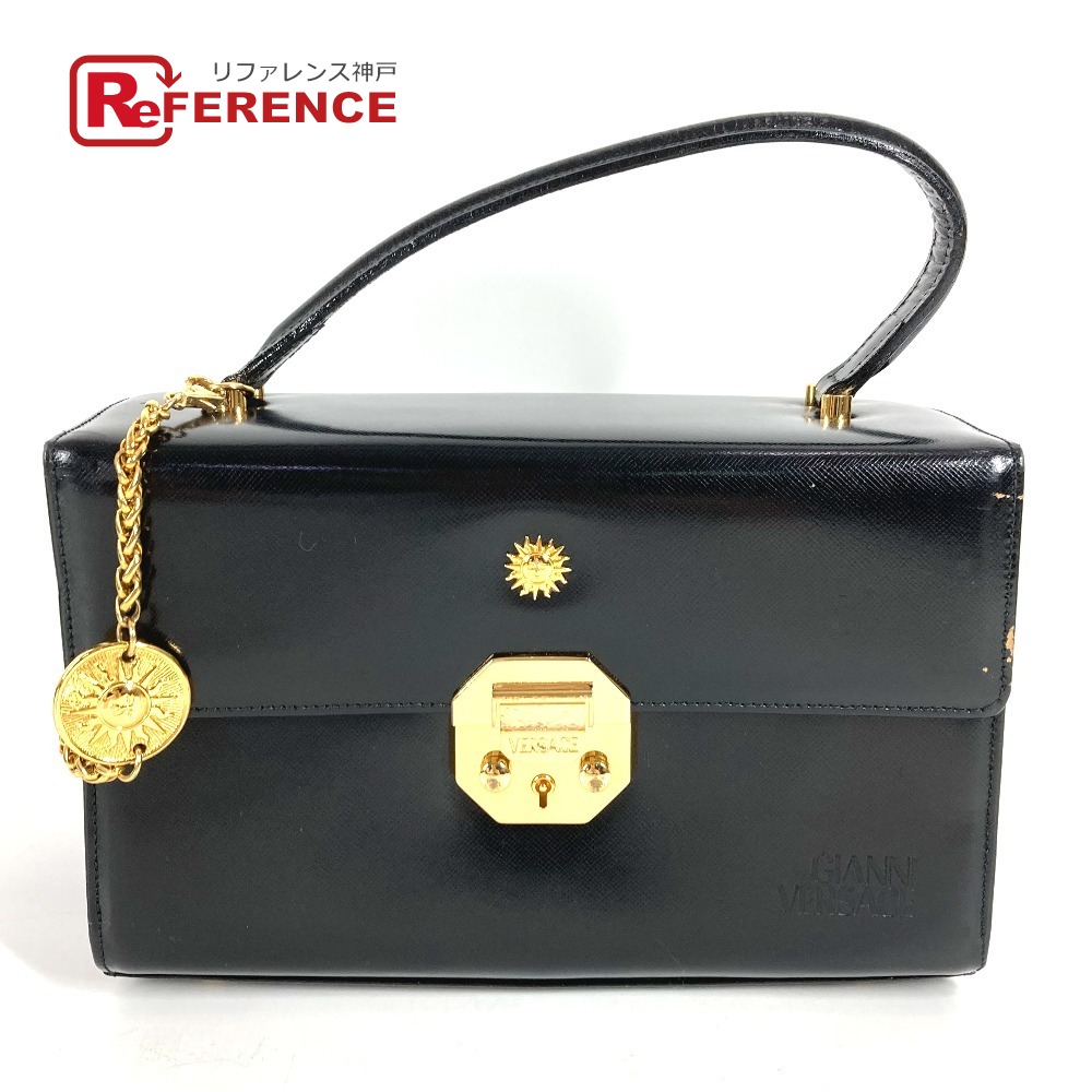 VERSACE ヴェルサーチ ヴィンテージ サンバースト ロゴ バニティバッグ カバン フラップ チェーン ハンドバッグ レザー レディース ブラック 【中古】｜ブランドショップ　リファレンス