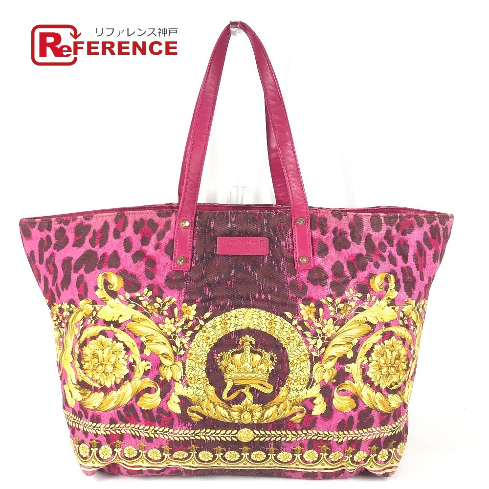 VERSACE ヴェルサーチ ロゴ 総柄 カバン トートバッグ 肩掛け ショルダーバッグ レザー/キャンバス ユニセックス ピンク 【中古】｜ブランドショップ　リファレンス