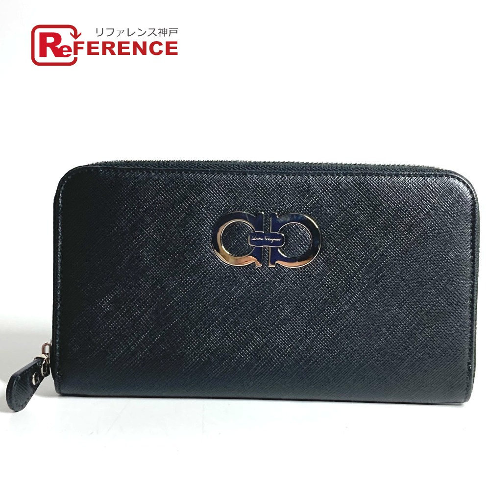 Salvatore Ferragamo サルヴァトーレフェラガモ ガンチーニ ロゴ ロングウォレット ラウンドファスナー 長財布 レザー ユニセックス ブラック 【中古】｜ブランドショップ　リファレンス 18,216円