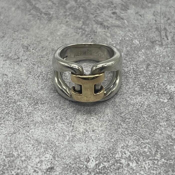 【中古】エルメス HERMES ヒストリー 輪っか 書きあらわす大きさ51 二人組 SV YG SV925 メンズ レディース ヴィンテージ 指環 しろがね色925 付属物