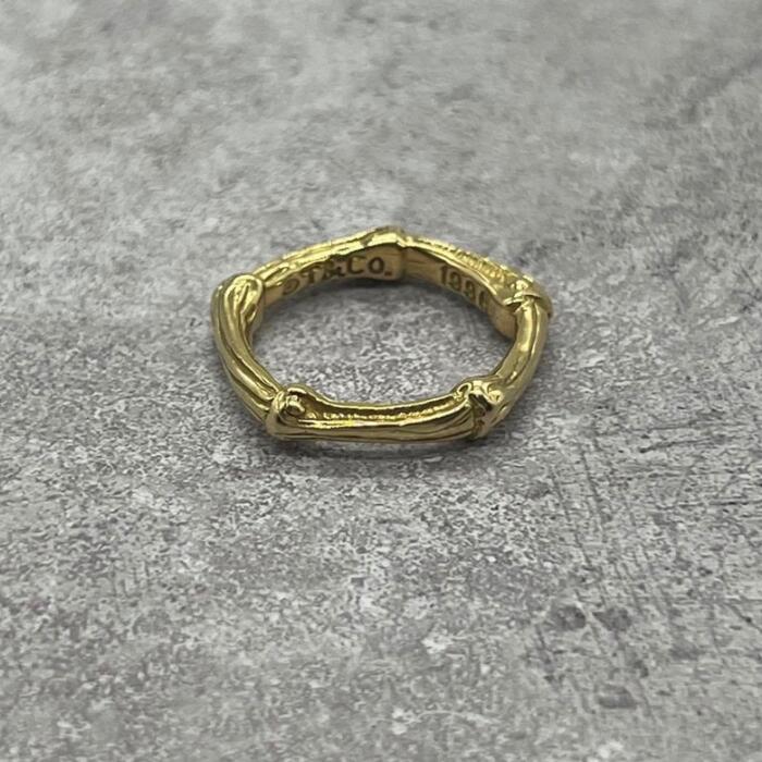 【中古】ティファニー TIFFANY バンブー 輪っか YG ゴールド 750 K18 滅多に無い 15号 メンズ レディース ヴィンテージ 年寄りの 指環 しろがね色925 添え物
