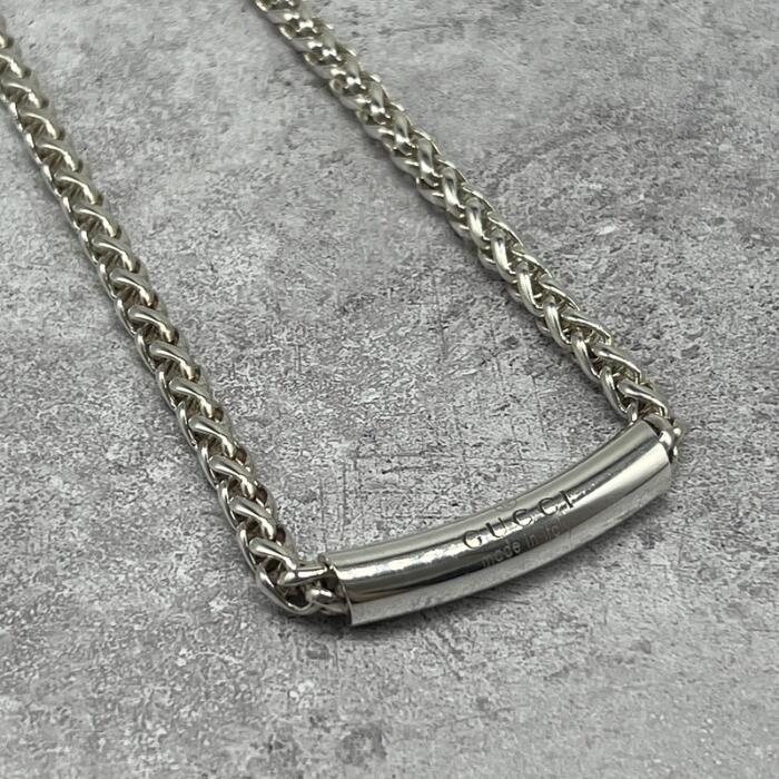 【中古】グッチ GUCCI ロゴ バー ネックレス SV925 編み込みチェーン メンズ レディース ユニセックス ヴィンテージ オールド シルバー925 チェーン アクセサリー|Refind046