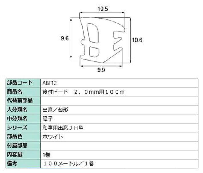 後付グレイチングビード 100m / 1巻 部分品色：白いこと A8F12 取り替えっこ用 部分品 LIXIL リクシル TOSTEM トステム