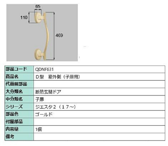D型 屋外側用手持ち部分 / 子扉用 部分品色：ゴールド QDNF631 取り替えっこ用 部分品 LIXIL リクシル TOSTEM トステム
