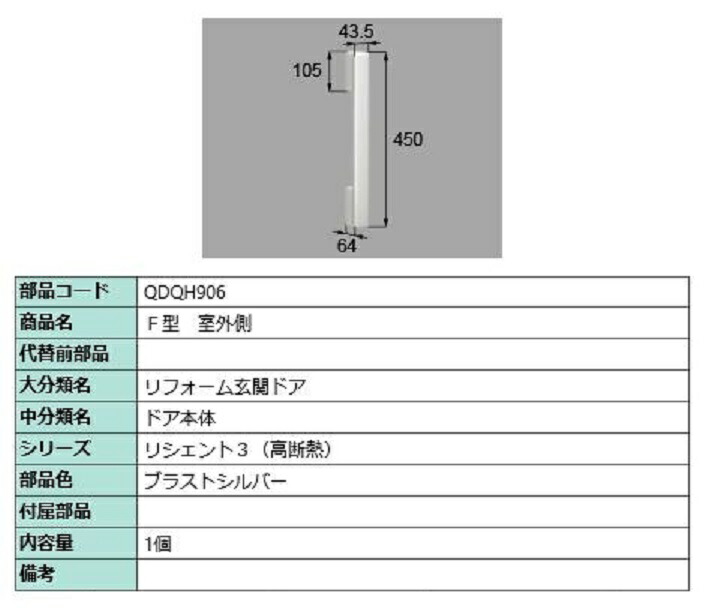 F型 屋外側用手持ち部分 / 本体用 部分品色：ブラストシルバー QDQH906 取り替えっこ用 部分品 LIXIL リクシル TOSTEM トステム