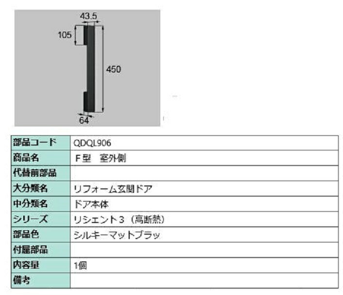 F型 屋外側用手持ち部分 / 本体用 部分品色：シルキーマットブラック QDQL906 取り替えっこ用 部分品 LIXIL リクシル TOSTEM トステム