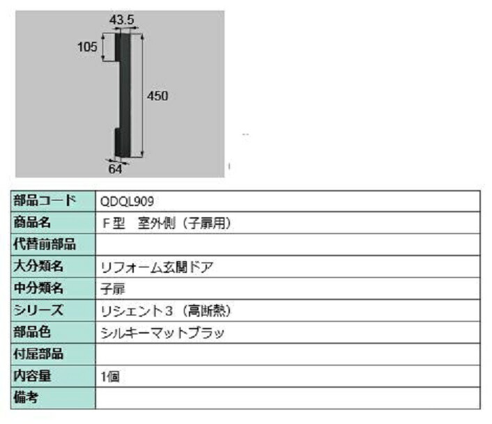 F型 屋外側用手持ち部分 / 子扉用 部分品色：シルキーマットブラック QDQL909 取り替えっこ用 部分品 LIXIL リクシル TOSTEM トステム