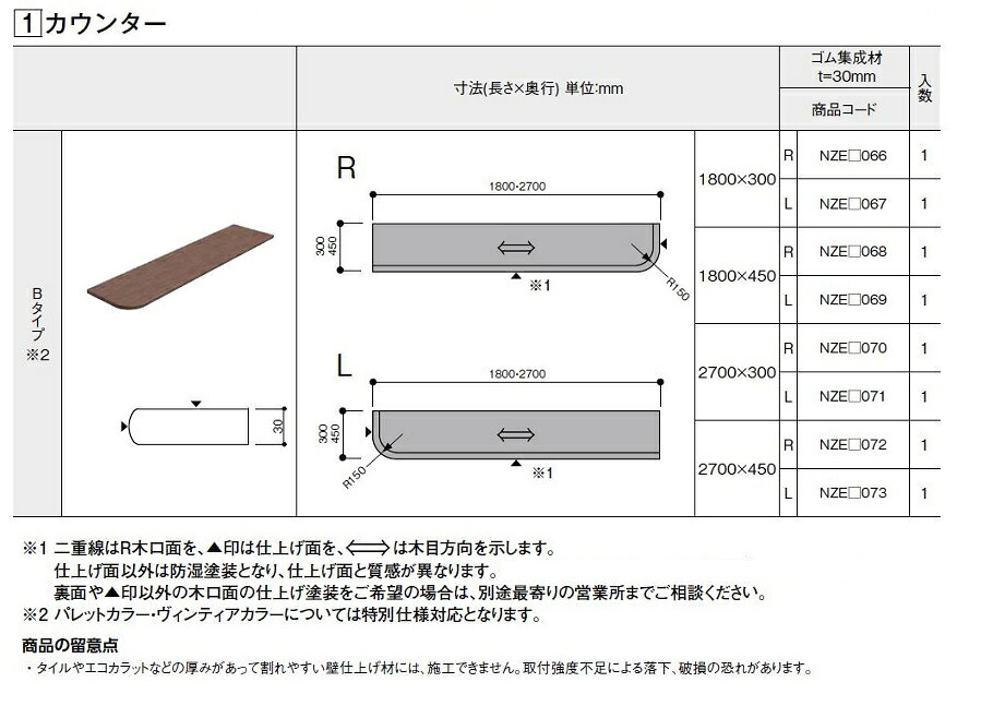 まとめ上げるカウンタ カウンタ B手合い クリエカラー W：2,700 × D：450粍 1枚入 仕立て上げる材 LIXIL リクシル TOSTEM トステム