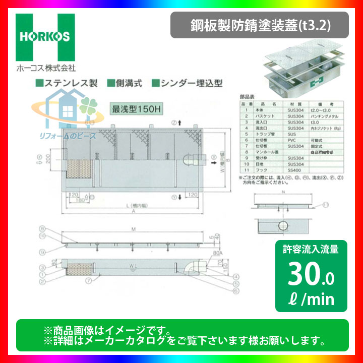 [GSU-40EAU_鋼板製防錆塗装蓋] ホーコス グリストラップ 超浅型 グリース阻集器 側溝式 シンダー埋込型｜リフォームのピース　ザネクスト