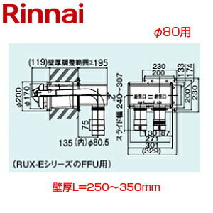 リンナイ 2本管直出給排気筒トップ φ80 壁厚L\u003d250~350 KP部材 給湯器部材 FFTL-8US-300