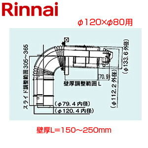 リンナイ 給排気筒トップ 直排専用 φ120×φ80 壁厚L\u003d150~250 FF式 2重管 給排気部材 給湯器部材 FFT-7UL-200