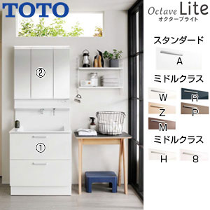 【送料無料】TOTO 【期間限定】【SALE】洗面化粧台セット オクターブLite 間口750mm 高さ1900mm 2段引き出し シャワー水栓 3面鏡 ワイドLED エコミラー 一般地 LDSFS075BQGDN1-set1