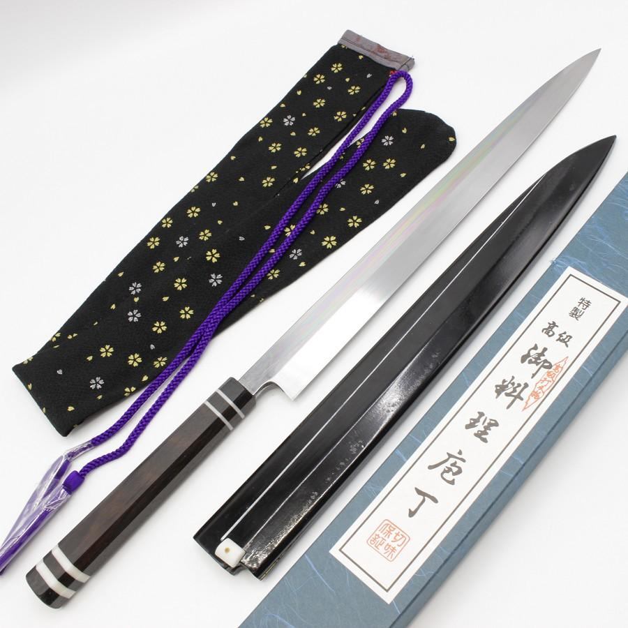 【百貨店SALE！押さえる引き換え証】【未当て嵌める】源泰邦 本焼 青一鋼 てっさまかない方 尺一 鏡面 八角茴香 まっ黒柄 マーブル挟み 袱紗 鞘付き添い人 刃渡り約330粍 和まかない方 河豚 柳刃 ふぐ
