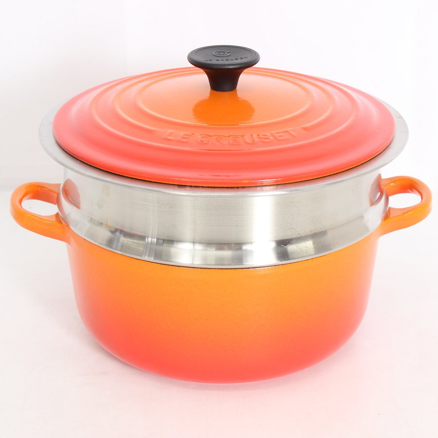 【美品】ル・クルーゼ ココット・ロンド 20糎 オレンジ色 専用スチーマー付 Le Creuset ホーロー鍋 両手なべ 本体 【中古】
