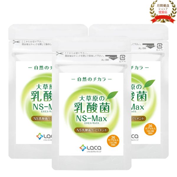 NS乳酸菌 「大草原の乳酸菌 NS-Max」 36粒 ラクア（3個セット） 腸内フローラ サプリ