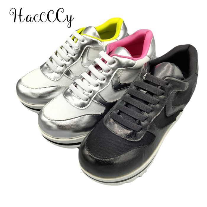 Haccccy ハッシー Gracie グレイシー レースアップ厚底スニーカー レディース 脱ぎ履き楽ちん 平ゴム かかとラメ クッション ふかふか カジュアル きれいめ シューズ 靴 HY-004